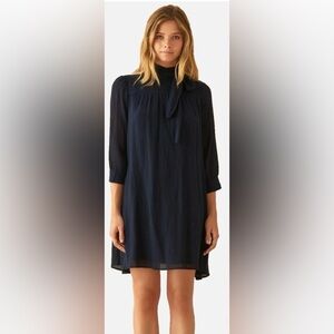 BA&SH Pivoine Marine Lady Mini Babydoll Dress Hi Collar Navy Blue Cotton size 6